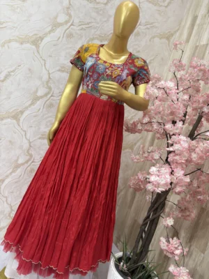 Hand painted pen kalamkari long gown having heavy maggam work