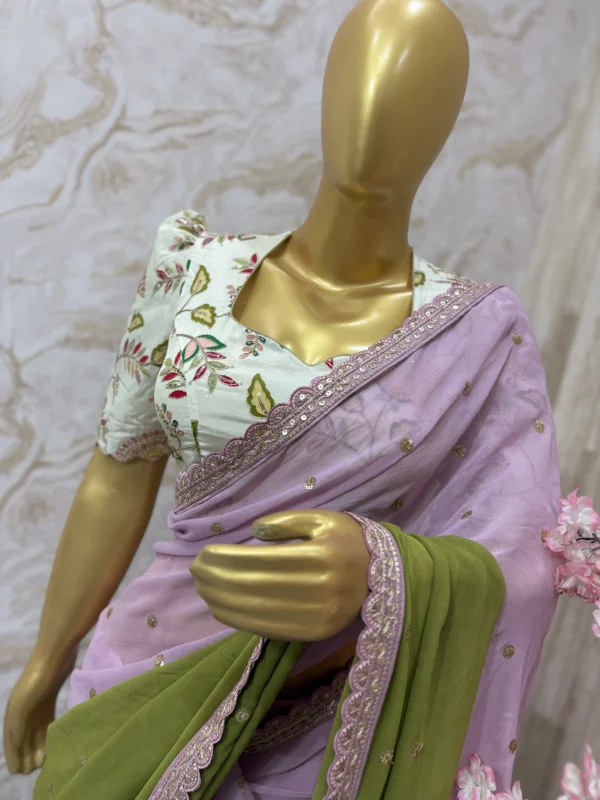 Dual shade sequin work saree paired with pretty floral sequin work blouse