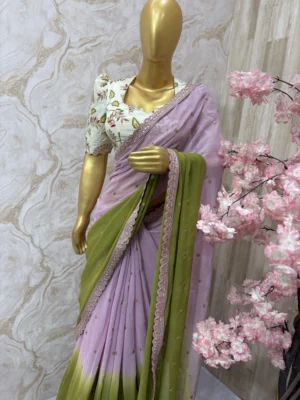 Dual shade sequin work saree paired with pretty floral sequin work blouse