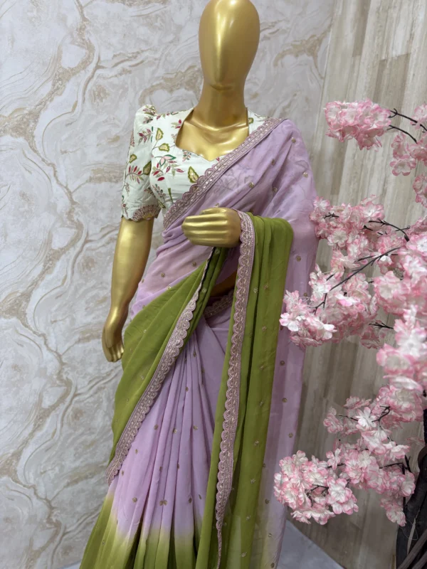 Dual shade sequin work saree paired with pretty floral sequin work blouse