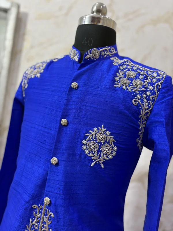 Pure rawsilk royal blue sherwani with heavy maggam work