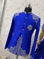 Pure rawsilk royal blue sherwani with heavy maggam work