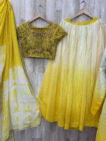 Dual shade lehenga paired with heavy maggam work blouse & dupatta