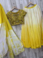 Dual shade lehenga paired with heavy maggam work blouse & dupatta