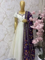 Elegant ivory anarkali with kalamkari dupatta
