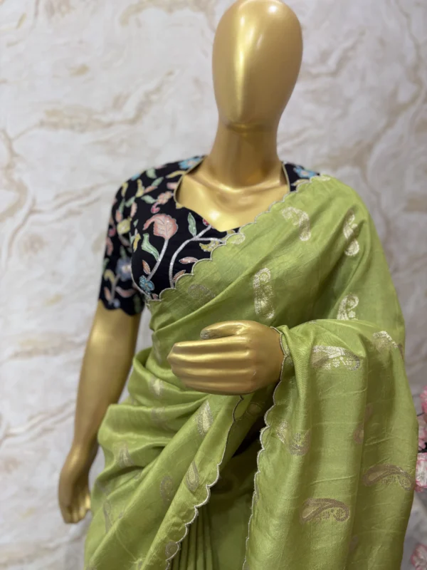 Munga crepe saree with scalap embroidery paired up with beautiful kalamkari blouse