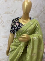 Munga crepe saree with scalap embroidery paired up with beautiful kalamkari blouse