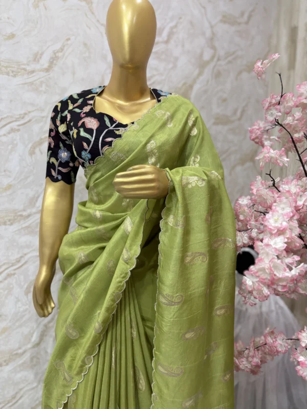 Munga crepe saree with scalap embroidery paired up with beautiful kalamkari blouse