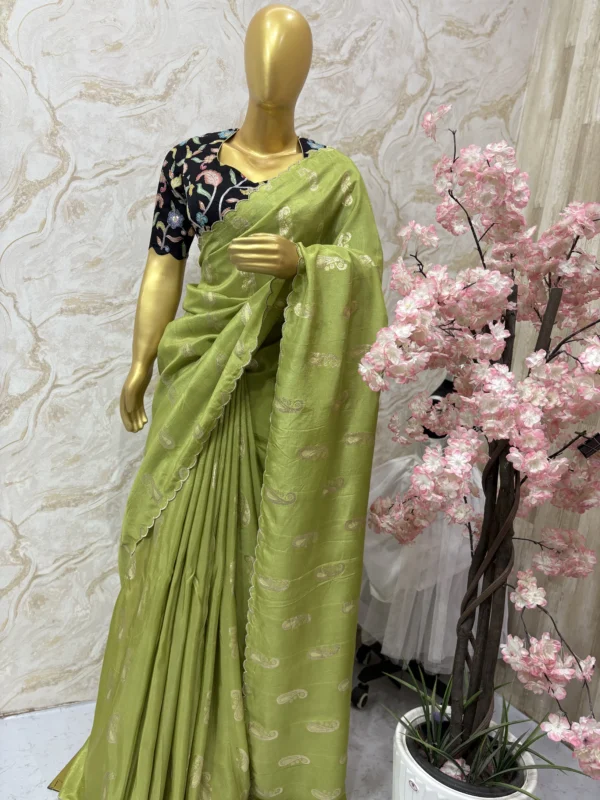 Munga crepe saree with scalap embroidery paired up with beautiful kalamkari blouse