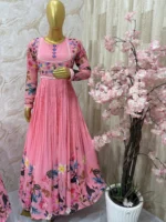 Pink floral long gown with heavy flare