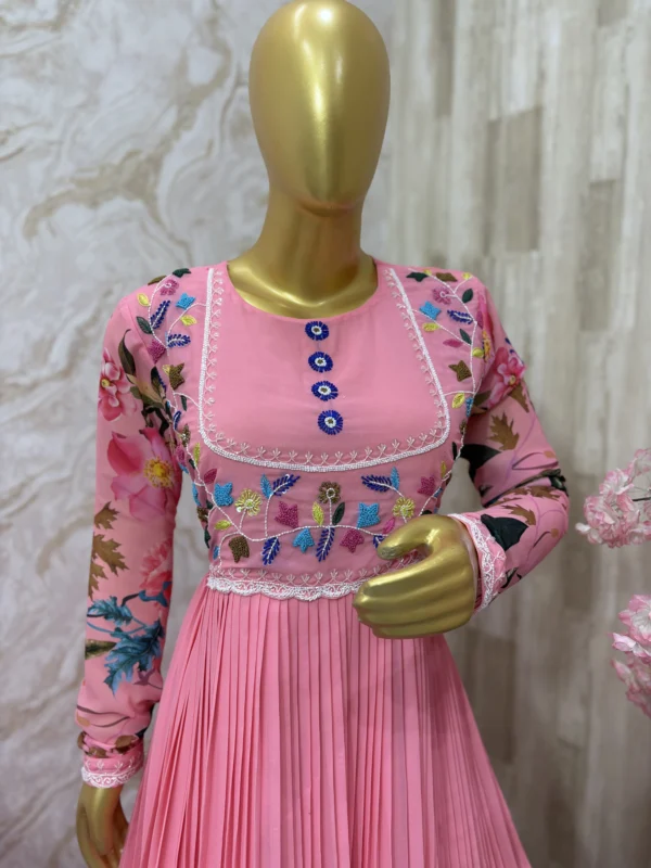 Pink floral long gown with heavy flare