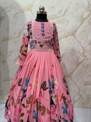Kids georgette long gown with heavy maggam work on yoke part