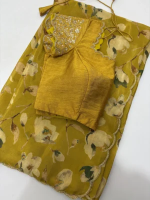 Tissue floral saree with maggam work blouse & scallop border
