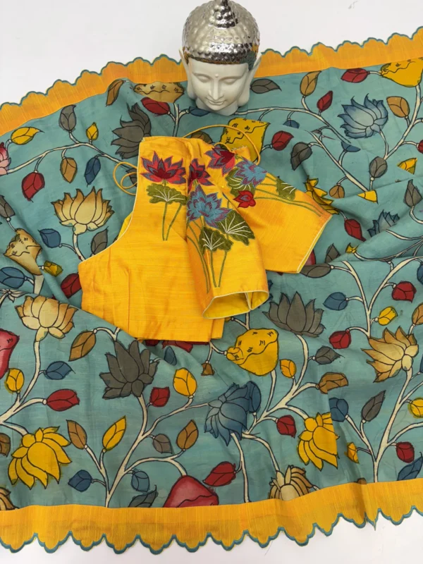 Teal blue hand painted pen kalamkari saree