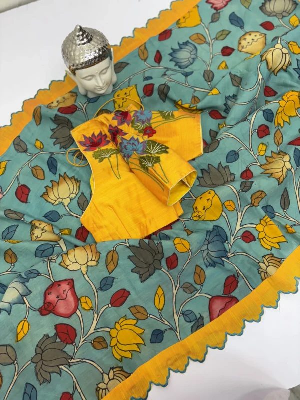 Teal blue hand painted pen kalamkari saree