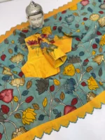 Teal blue hand painted pen kalamkari saree