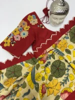 Pure pen kalamkari hand painted saree having embroidery scallop border paired with beautiful embroidery blouse