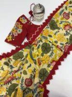 Pure pen kalamkari hand painted saree having embroidery scallop border paired with beautiful embroidery blouse