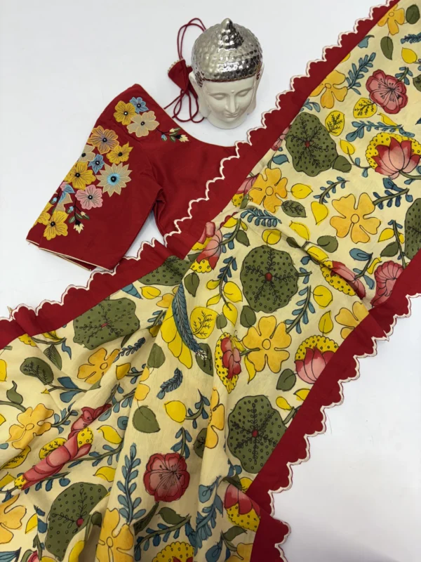 Pure pen kalamkari hand painted saree having embroidery scallop border paired with beautiful embroidery blouse