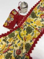 Pure pen kalamkari hand painted saree having embroidery scallop border paired with beautiful embroidery blouse