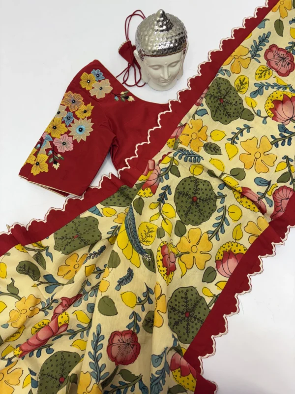 Pure pen kalamkari hand painted saree having embroidery scallop border paired with beautiful embroidery blouse