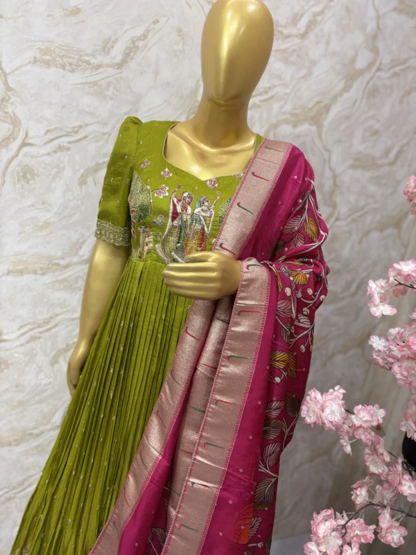 Green pleated gown with kalamkari dupatta