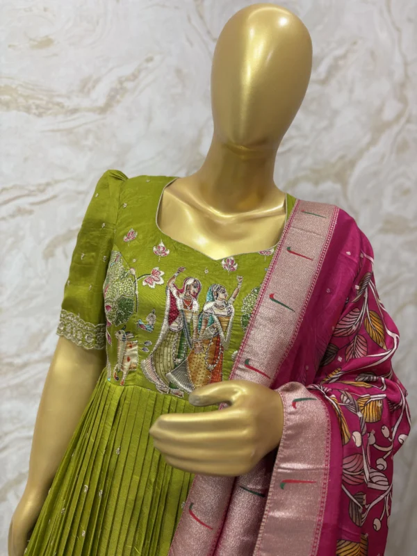 Green pleated gown with kalamkari dupatta