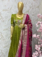 Green pleated gown with kalamkari dupatta