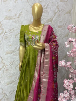 Green pleated gown with kalamkari dupatta