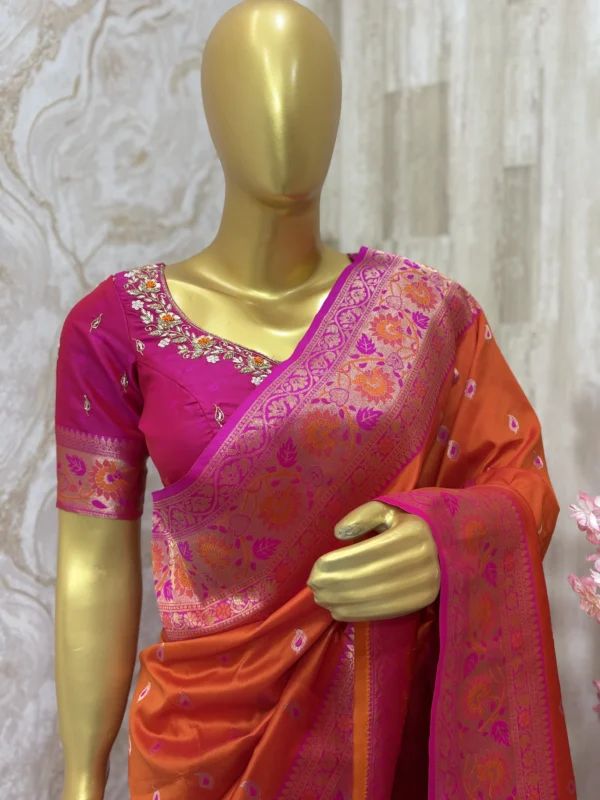 Soft banaras silk saree with paithani border & maggam work blouse