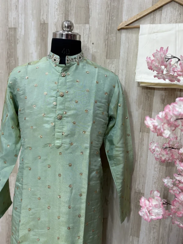 Tissue men's kurta having maggam work on collar paired with cream colour pijama