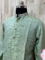 Tissue men's kurta having maggam work on collar paired with cream colour pijama