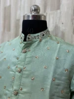 Tissue men's kurta having maggam work on collar paired with cream colour pijama