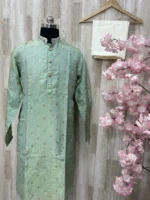 Tissue men's kurta having maggam work on collar paired with cream colour pijama