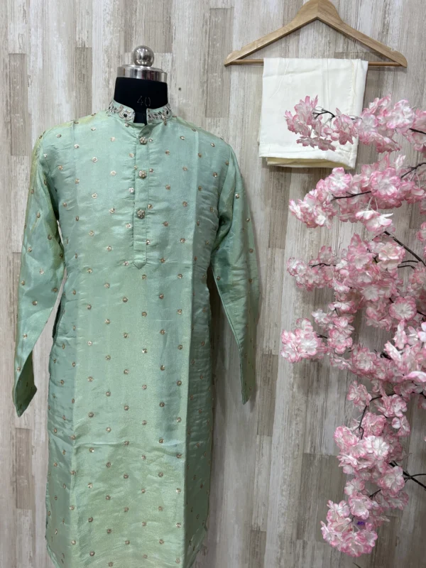 Tissue men's kurta having maggam work on collar paired with cream colour pijama