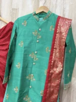 sherwani with pure rawsilk having beautiful maggam work paired up with contrast dhoti & kanduva