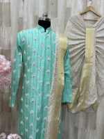 Heavy maggam work raw silk sherwani with cream colour dhoti & kanduva