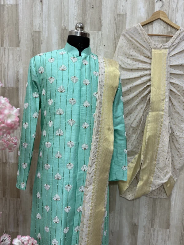 Heavy maggam work raw silk sherwani with cream colour dhoti & kanduva