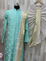 Heavy maggam work raw silk sherwani with cream colour dhoti & kanduva