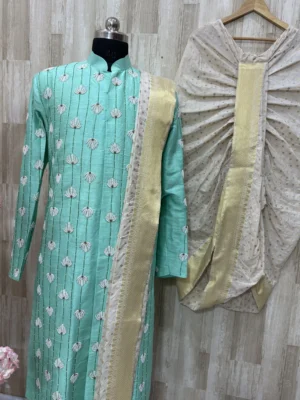 Heavy maggam work raw silk sherwani with cream colour dhoti & kanduva