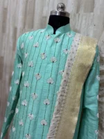 Heavy maggam work raw silk sherwani with cream colour dhoti & kanduva