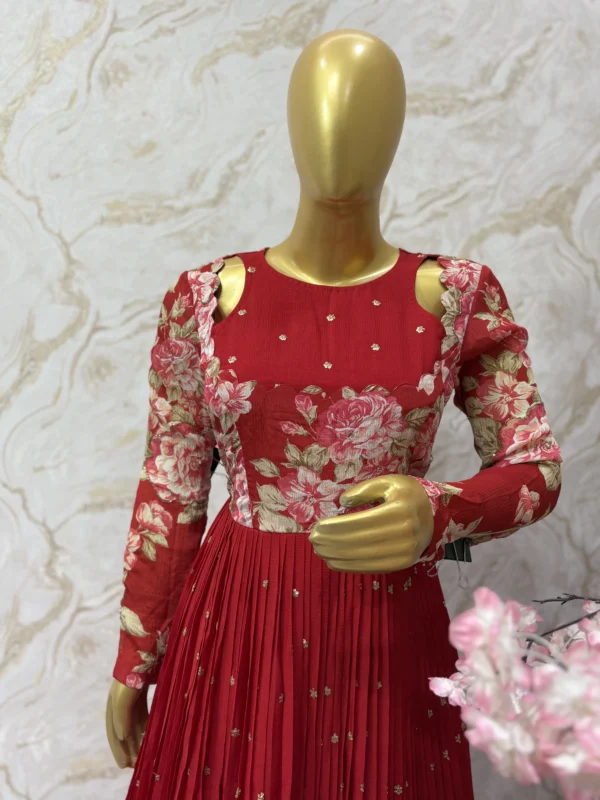 Pure chinnon gown with floral hand work yoke in vibrant red