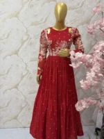 Pure chinnon gown with floral hand work yoke in vibrant red