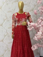 Pure chinnon gown with floral hand work yoke in vibrant red