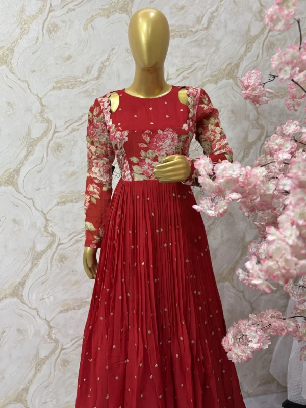 Pure chinnon gown with floral hand work yoke in vibrant red