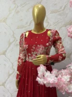 Pure chinnon gown with floral hand work yoke in vibrant red