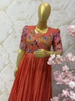 Beautiful kalamkari orange colour long gown with good flare