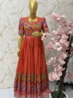 Beautiful kalamkari orange colour long gown with good flare