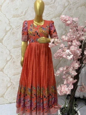 Beautiful kalamkari orange colour long gown with good flare