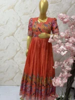Beautiful kalamkari orange colour long gown with good flare